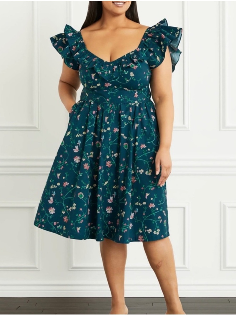 Hill House Ava Nap Dress Cotton Green Floral Ruffle Size XL - Picture 1 of 9
